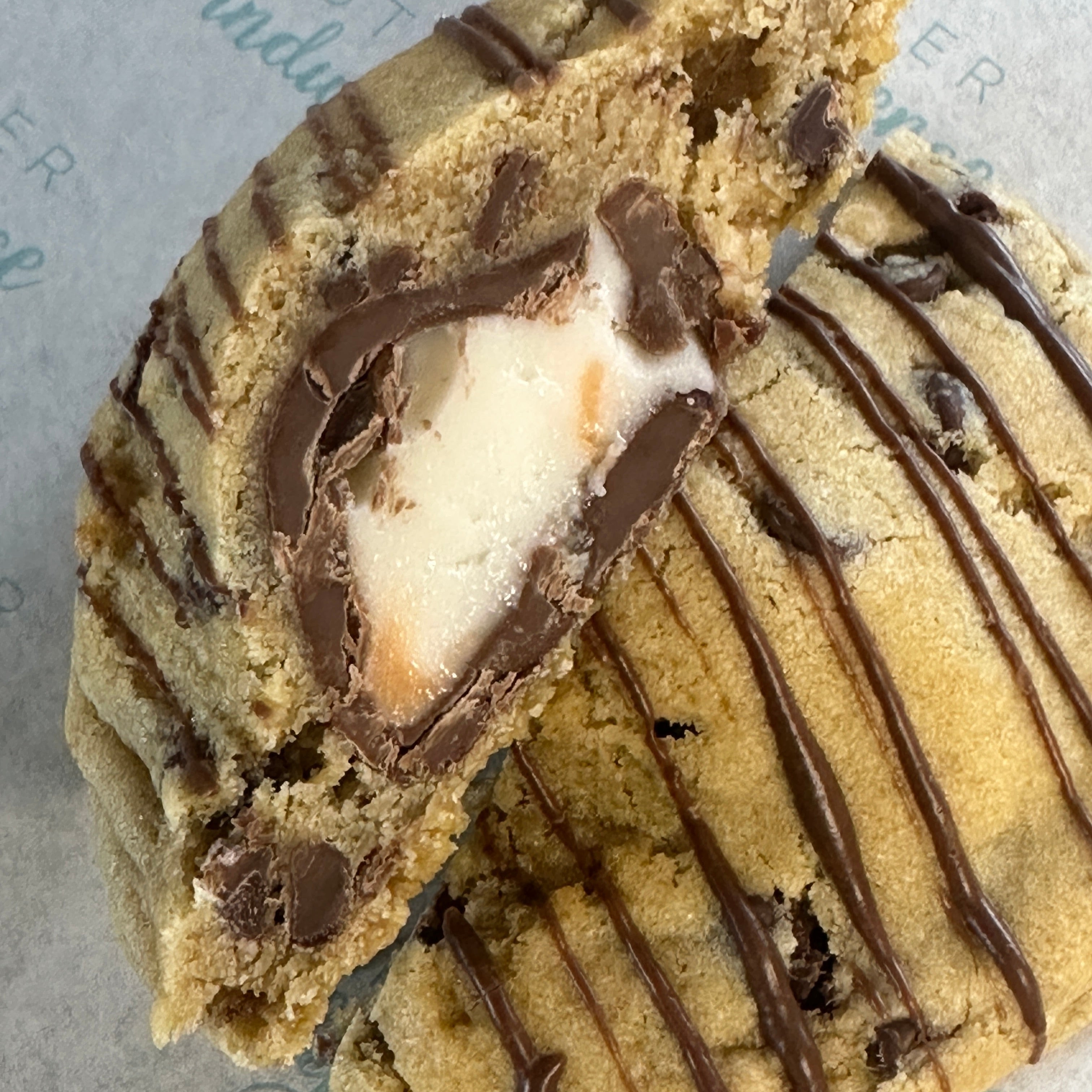 Creme egg cookie inside view above close up
