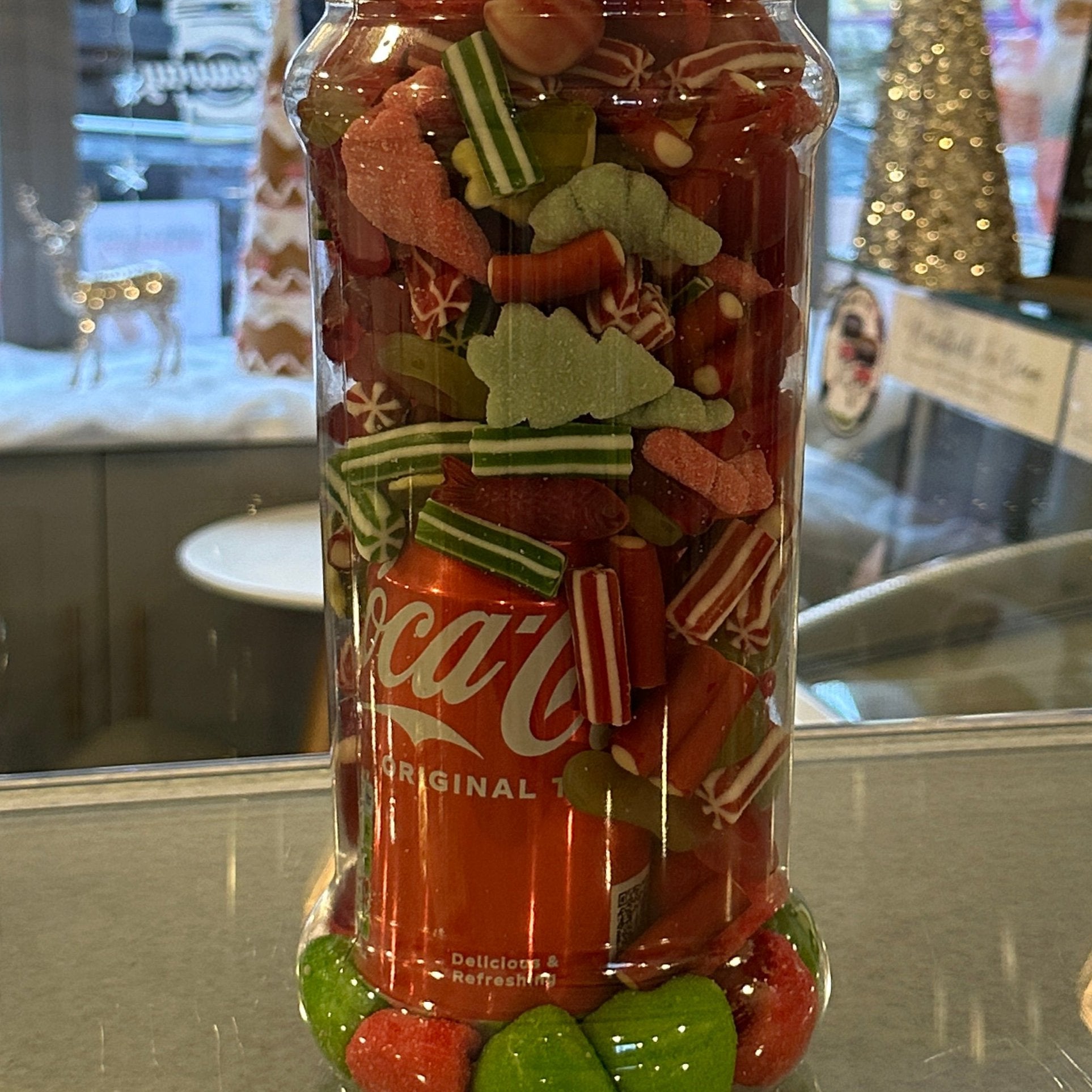Red and green sweet jar close up